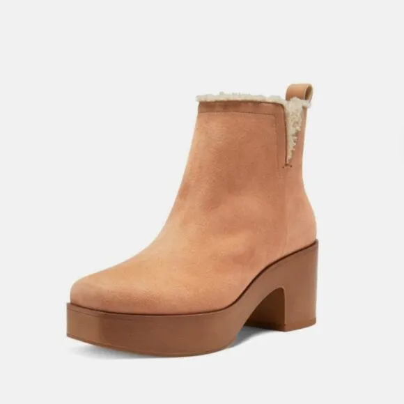 Vince Camuto Rafella Tan Latte Block Heel Bootie Platform Fur Lined Ankle Boot