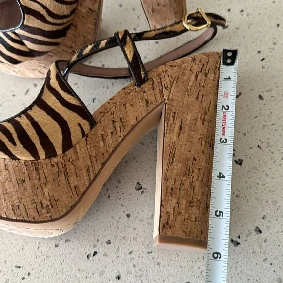 Vince Camuto VC-Deville Tan/Brown Leather Zebra Print Cork Platform Sandals Sz 9