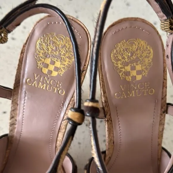 Vince Camuto VC-Deville Tan/Brown Leather Zebra Print Cork Platform Sandals Sz 9