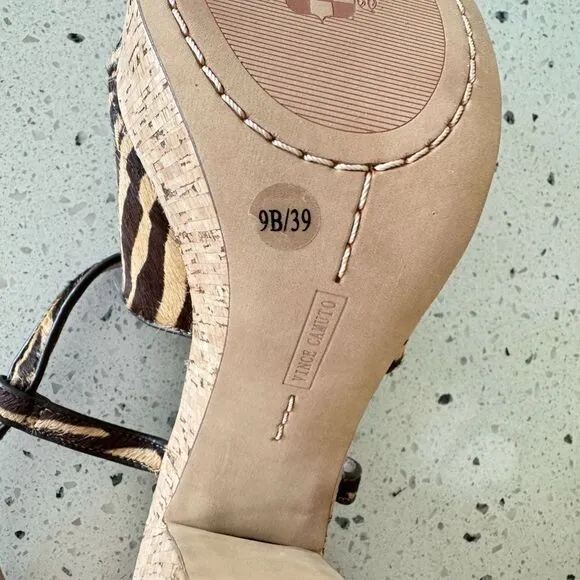 Vince Camuto VC-Deville Tan/Brown Leather Zebra Print Cork Platform Sandals Sz 9