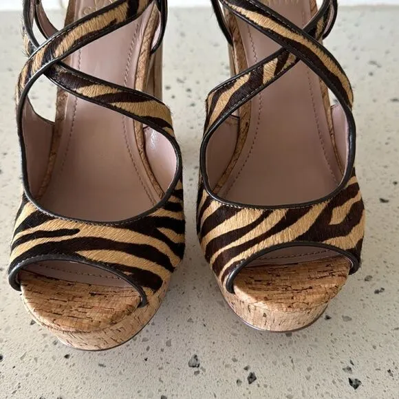 Vince Camuto VC-Deville Tan/Brown Leather Zebra Print Cork Platform Sandals Sz 9