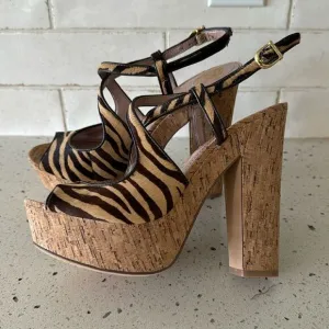 Vince Camuto VC-Deville Tan/Brown Leather Zebra Print Cork Platform Sandals Sz 9