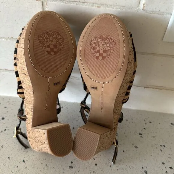 Vince Camuto VC-Deville Tan/Brown Leather Zebra Print Cork Platform Sandals Sz 9