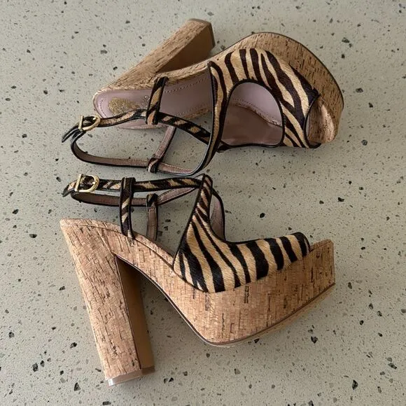 Vince Camuto VC-Deville Tan/Brown Leather Zebra Print Cork Platform Sandals Sz 9