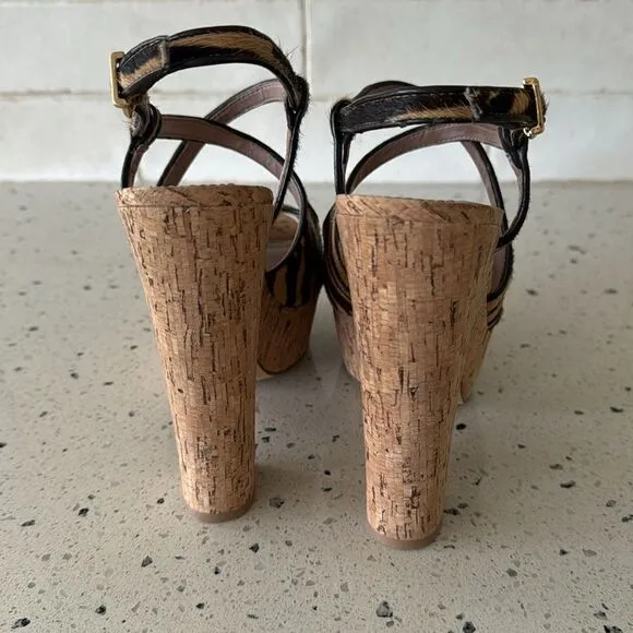 Vince Camuto VC-Deville Tan/Brown Leather Zebra Print Cork Platform Sandals Sz 9