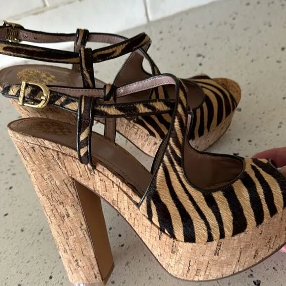 Vince Camuto VC-Deville Tan/Brown Leather Zebra Print Cork Platform Sandals Sz 9