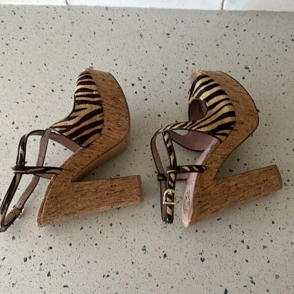 Vince Camuto VC-Deville Tan/Brown Leather Zebra Print Cork Platform Sandals Sz 9