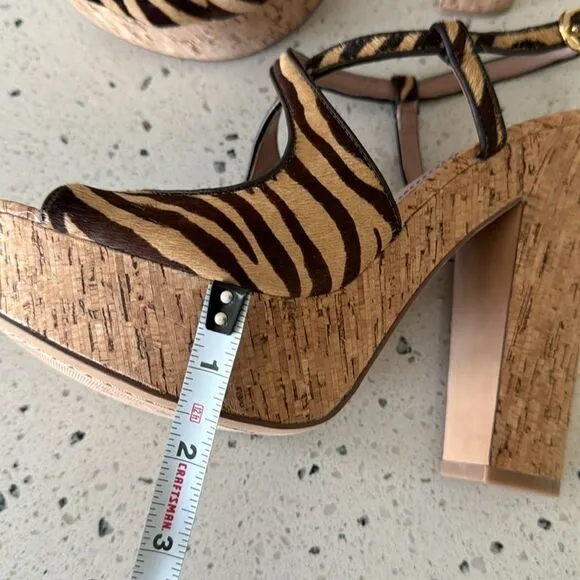 Vince Camuto VC-Deville Tan/Brown Leather Zebra Print Cork Platform Sandals Sz 9
