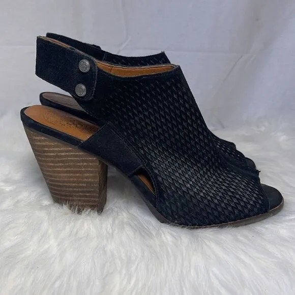 Vince Camuto Black Perforated Suede Peep Toe Slingback Heels Sz 9