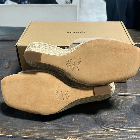 VINCE PIA SUEDE WEDGE ESPADRILLE SANDALS TAUPE CLAY/BEIGE LEATHER - 9.5