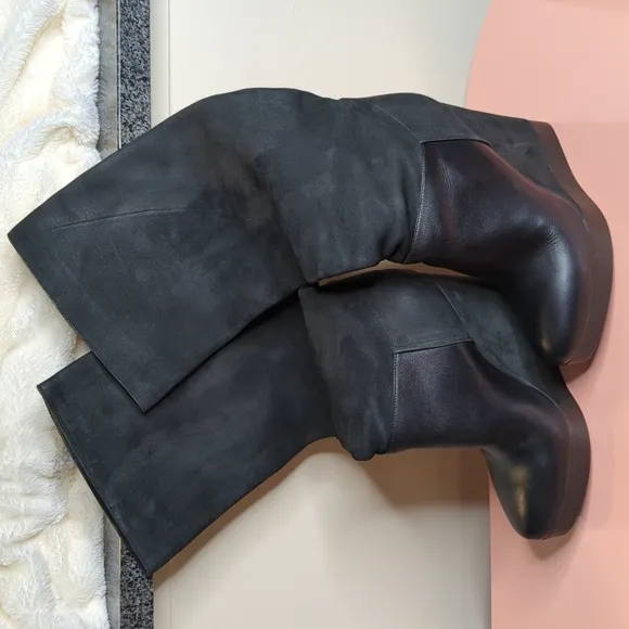 Vince Suede Nubuck Wedge Knee High Boots Made in Italy Black Size 9 US 40 EU