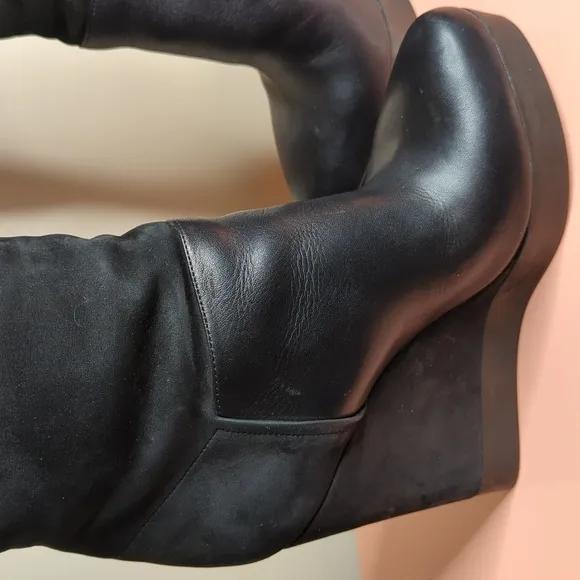 Vince Suede Nubuck Wedge Knee High Boots Made in Italy Black Size 9 US 40 EU