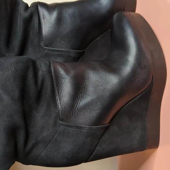 Vince Suede Nubuck Wedge Knee High Boots Made in Italy Black Size 9 US 40 EU