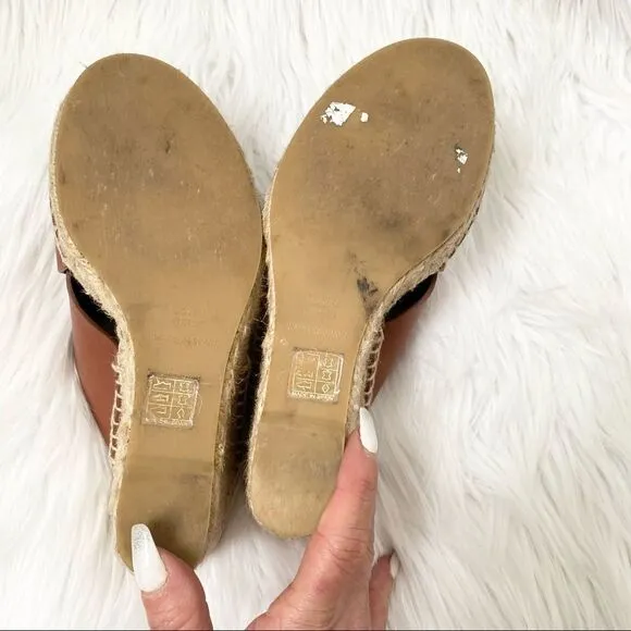 Vince Suraya Whiskey Brown Leather Espadrille Wedge Sandals 6