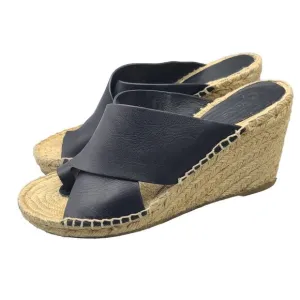 VINCE Women Sandals Black Leather Espadrille Gaelan Wedge Thongs Shoes Size 8