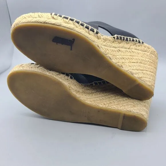 VINCE Women Sandals Black Leather Espadrille Gaelan Wedge Thongs Shoes Size 8
