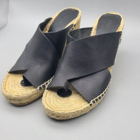 VINCE Women Sandals Black Leather Espadrille Gaelan Wedge Thongs Shoes Size 8