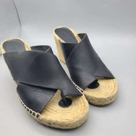 VINCE Women Sandals Black Leather Espadrille Gaelan Wedge Thongs Shoes Size 8