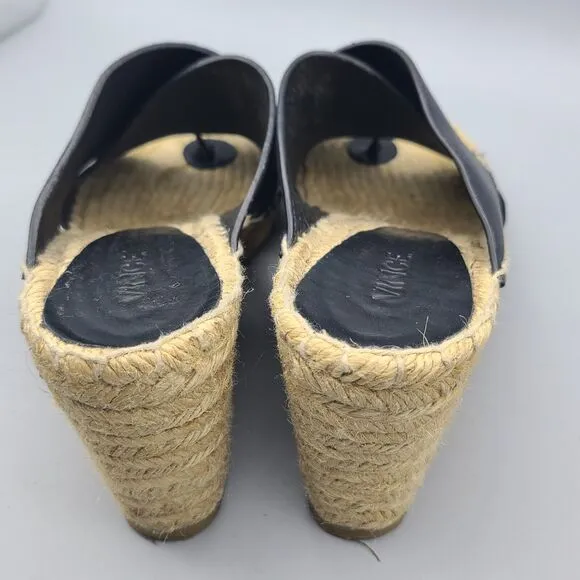 VINCE Women Sandals Black Leather Espadrille Gaelan Wedge Thongs Shoes Size 8
