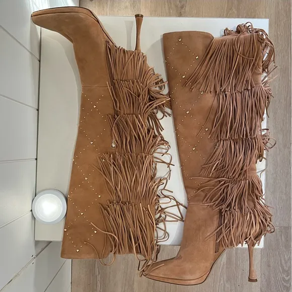 Vince Camuto Panaryaz Fringe gold Stud Embellished Leather Knee High Boots 8.5 M