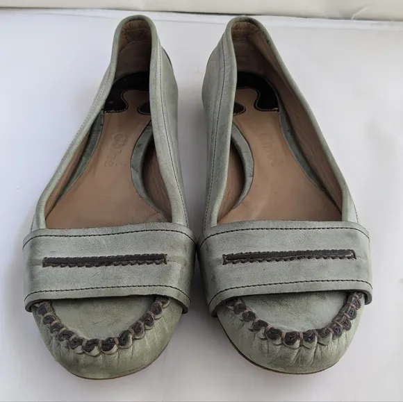 Vintage Chloe Women's Leather Flat Loafers Moccasin Shoes Light Green Size 36.5