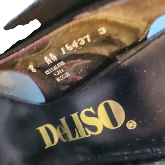 Vintage DeLiso Black Suede Clear Vinyl Peep Toe Buckle Heels Size 8AA w/Box