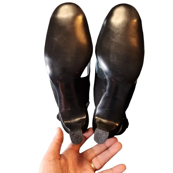 Vintage DeLiso Black Suede Clear Vinyl Peep Toe Buckle Heels Size 8AA w/Box