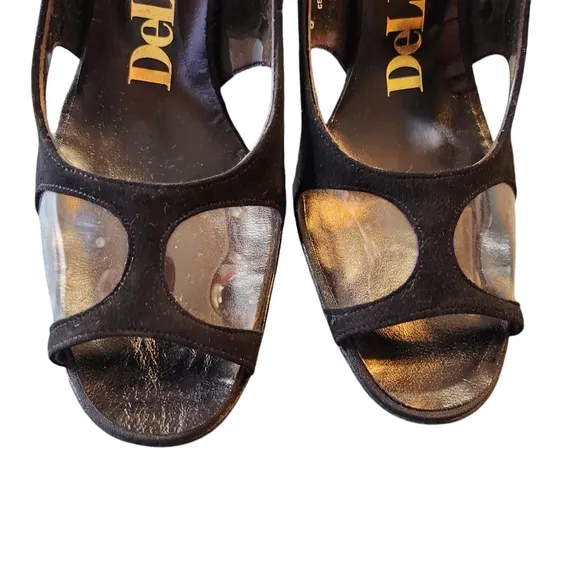 Vintage DeLiso Black Suede Clear Vinyl Peep Toe Buckle Heels Size 8AA w/Box