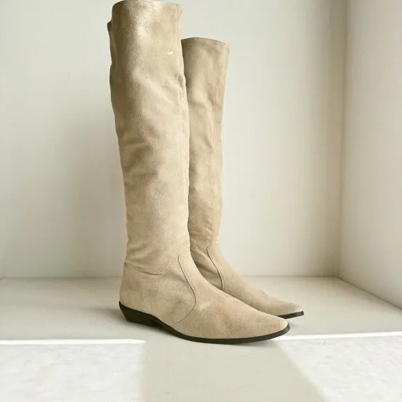 Vintage Espirit Knee High Light Beige Pointy Toe Low Heel Boots 37