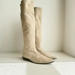 Vintage Espirit Knee High Light Beige Pointy Toe Low Heel Boots 37