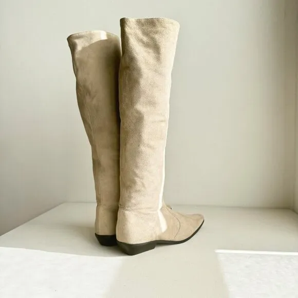 Vintage Espirit Knee High Light Beige Pointy Toe Low Heel Boots 37