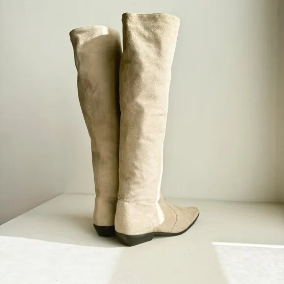 Vintage Espirit Knee High Light Beige Pointy Toe Low Heel Boots 37