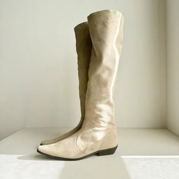 Vintage Espirit Knee High Light Beige Pointy Toe Low Heel Boots 37
