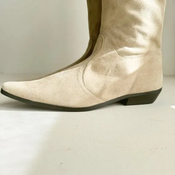 Vintage Espirit Knee High Light Beige Pointy Toe Low Heel Boots 37