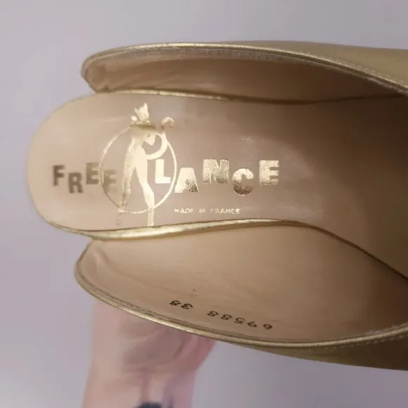 Vintage FREE LANCE Paris Mules Gold Stiletto Pumps EU 38 FreeLance France