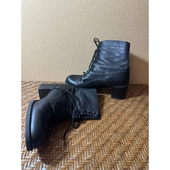 Vintage LA Canadienne Leather Lace-Up Ankle Boots With Block Heel Black Size 9.5