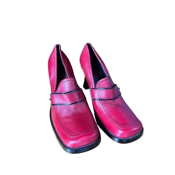Vintage New Tothemax Red/Burgundy Chunky Block Heel Square Toe Y2K 90s Retro 8