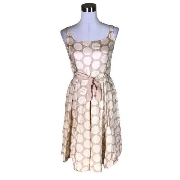 Vintage Nougat London Tan &amp; Beige Polka Dot 100% Silk Dress With Tie Back Size 1
