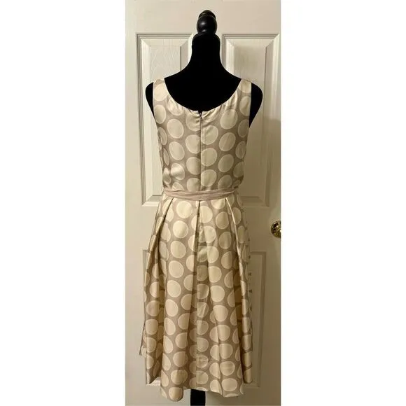 Vintage Nougat London Tan &amp; Beige Polka Dot 100% Silk Dress With Tie Back Size 1