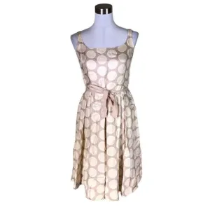Vintage Nougat London Tan &amp; Beige Polka Dot 100% Silk Dress With Tie Back Size 1