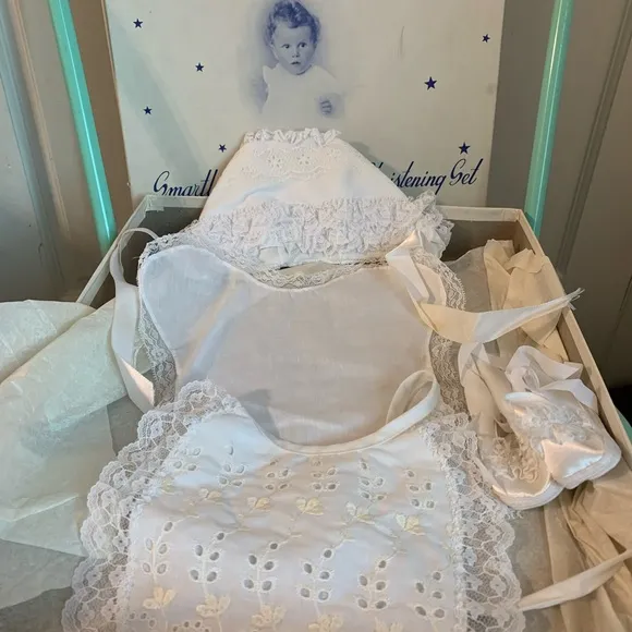 Vintage Phyllis Baby Wear Christening Coat, Dress, Slip, Hat, Bib, Shoes