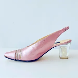 Vintage Pink Leather  Slingback Pumps Clear Lucite Block Heel with Pearls Inside