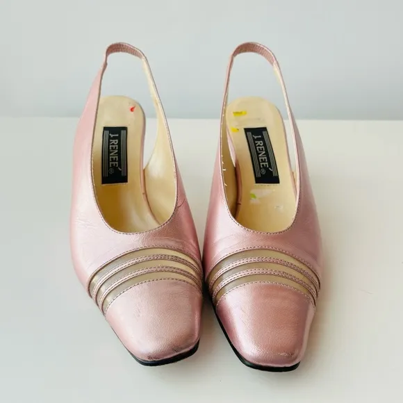 Vintage Pink Leather  Slingback Pumps Clear Lucite Block Heel with Pearls Inside