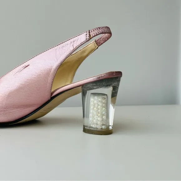 Vintage Pink Leather  Slingback Pumps Clear Lucite Block Heel with Pearls Inside