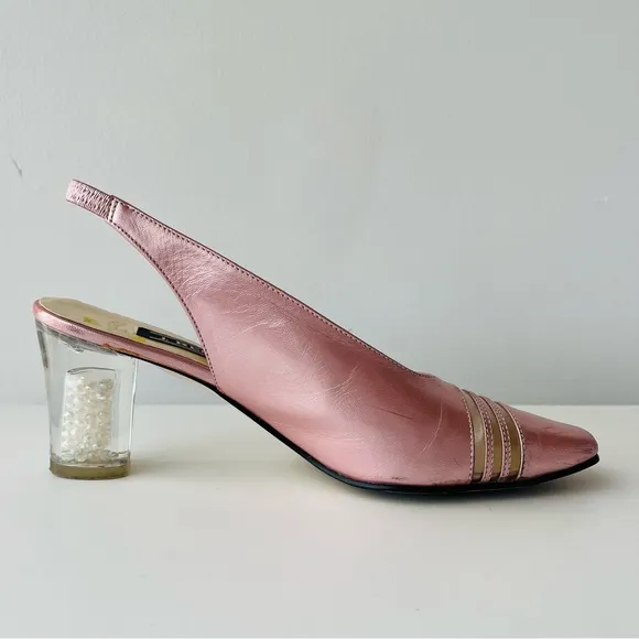 Vintage Pink Leather  Slingback Pumps Clear Lucite Block Heel with Pearls Inside
