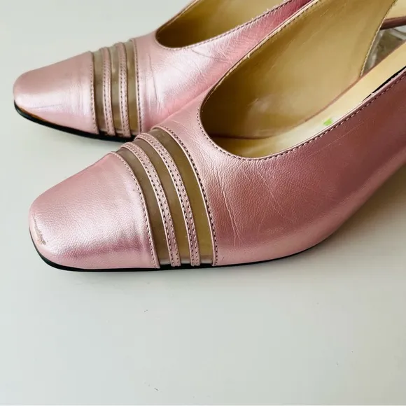 Vintage Pink Leather  Slingback Pumps Clear Lucite Block Heel with Pearls Inside