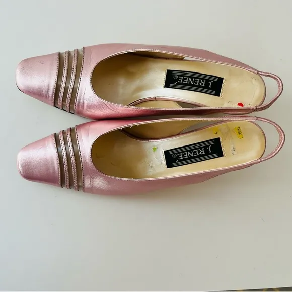 Vintage Pink Leather  Slingback Pumps Clear Lucite Block Heel with Pearls Inside