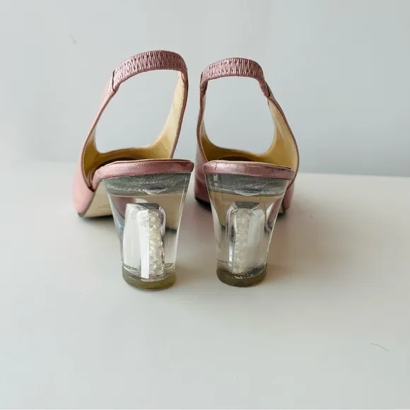 Vintage Pink Leather  Slingback Pumps Clear Lucite Block Heel with Pearls Inside