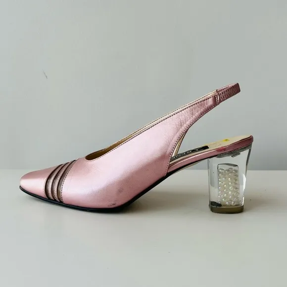 Vintage Pink Leather  Slingback Pumps Clear Lucite Block Heel with Pearls Inside