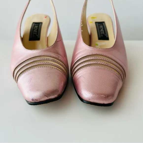 Vintage Pink Leather  Slingback Pumps Clear Lucite Block Heel with Pearls Inside